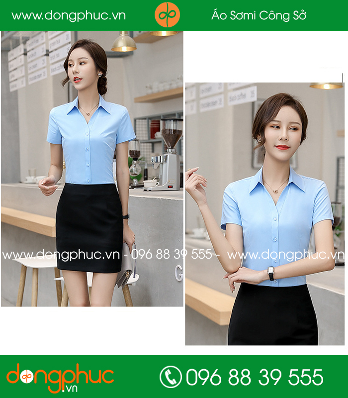 Đồng phục áo sơ mi màu xanh dương cộc tay